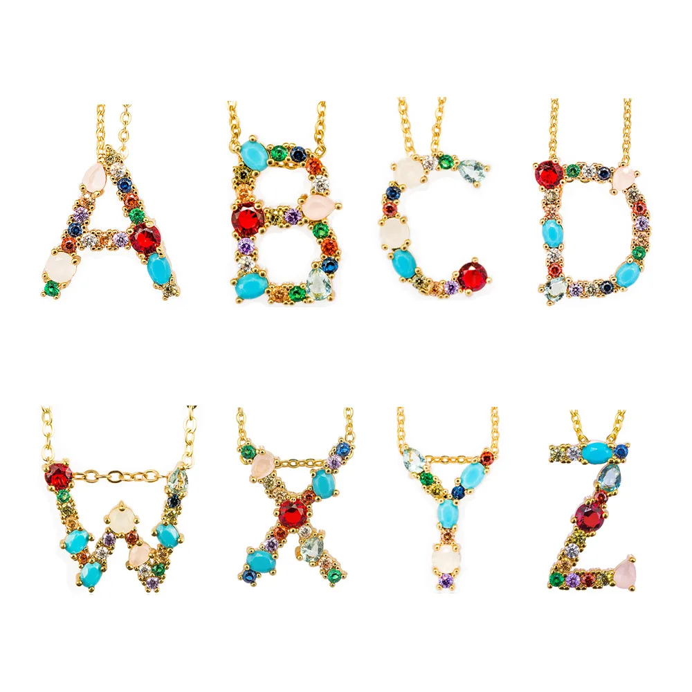 

26 Letters Initial Necklace Gold Color Initial Multicolor CZ Necklce Personalized Letter Necklace Name Jewelry for Women Gift
