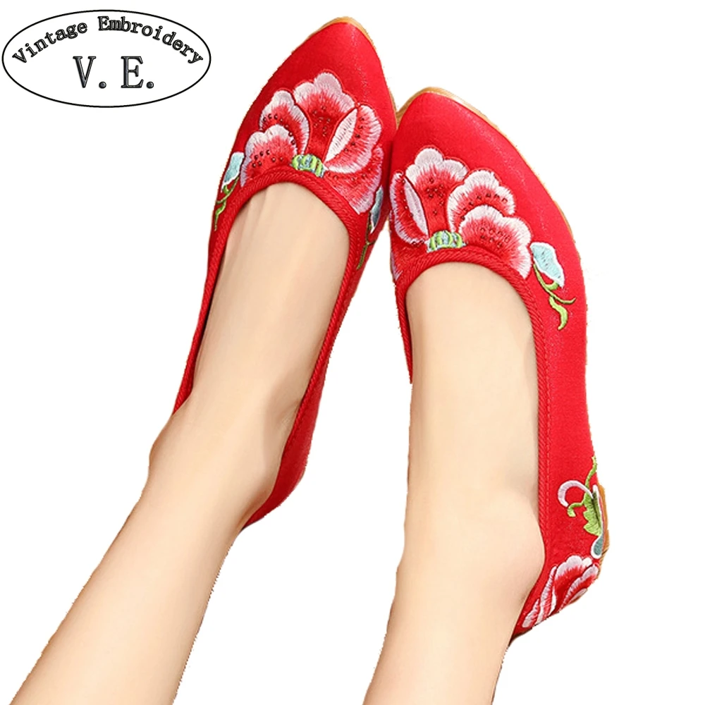 Crystal Embroidered Women Silk Satin Ballet Flats Pointed Toe Ladies ...