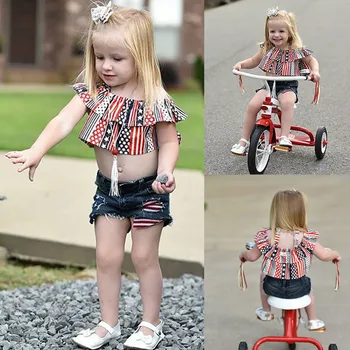 

Toddler Baby Girls 4th of July Stars Striped Printed Ruffled Patriotic Vest Tops+Denim Shorts Clothes Outfits Clothing Sets 5.17