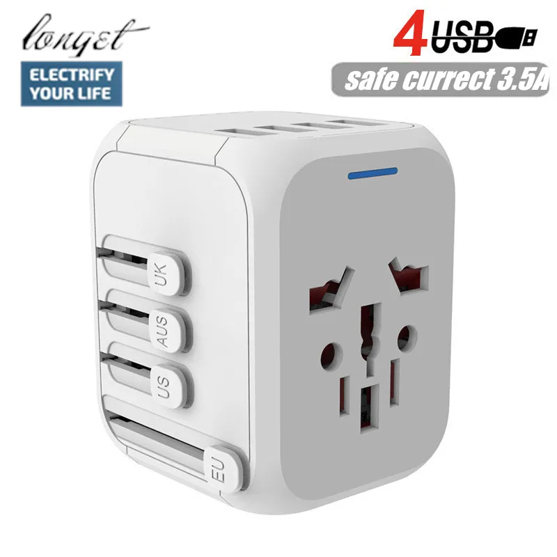 

LONGET Worldwide Travel Power Adapter Auto Resetting Fuse baby safe design safe currect 3.4A 4USB Wall Charger for UK/EU/AU/Asia