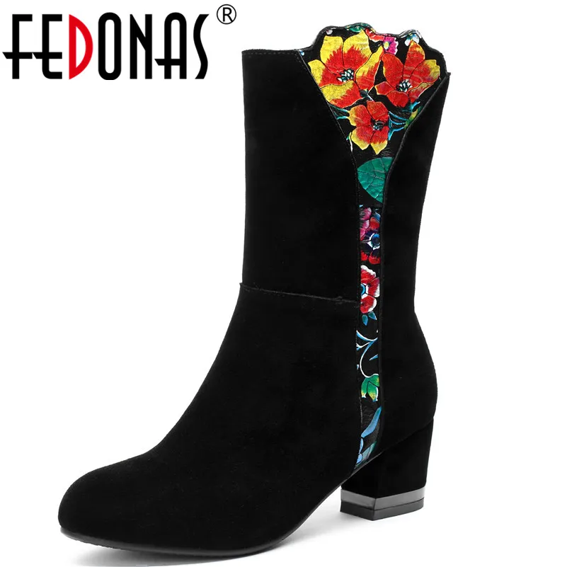 

FEDONAS New Women Mid-calf High Boots Prints Party Wedding Shoes Woman High Heels Zipper Long Martin Shoes Cow Suede High Boots