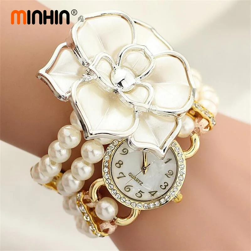 

MINHIN Ladies New Fashion Flower Watch Korean Lovely Pearl Quartz Wristwatches Luxury Women Bracelet Watch Relogio Feminino