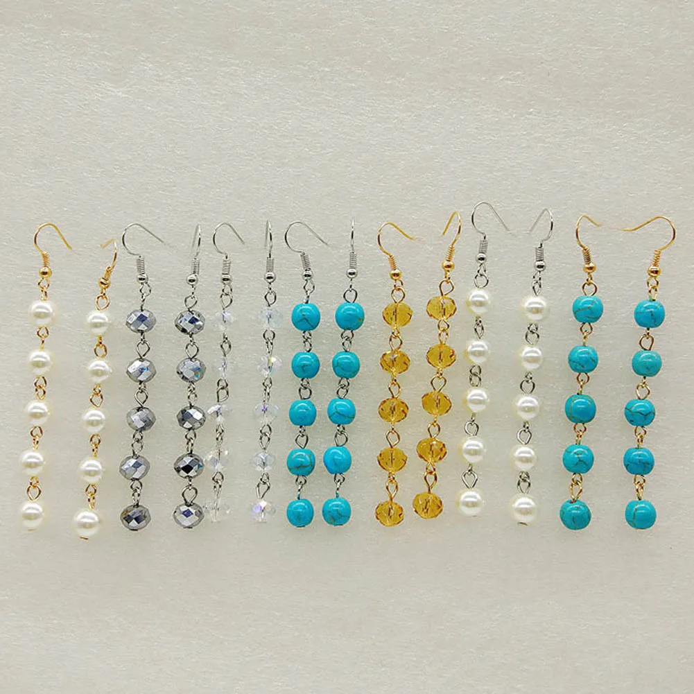 Women Earrings Beads Rainbow Round Natural Stone Long Drop Silver Color