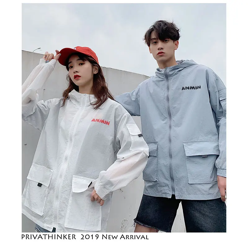 

Privathinker Men Pockets Harajuku Spring Jacket 2019 Mens Thin White Sunscreen Jackets And Coats Women Hooded Jacket Windbreaker