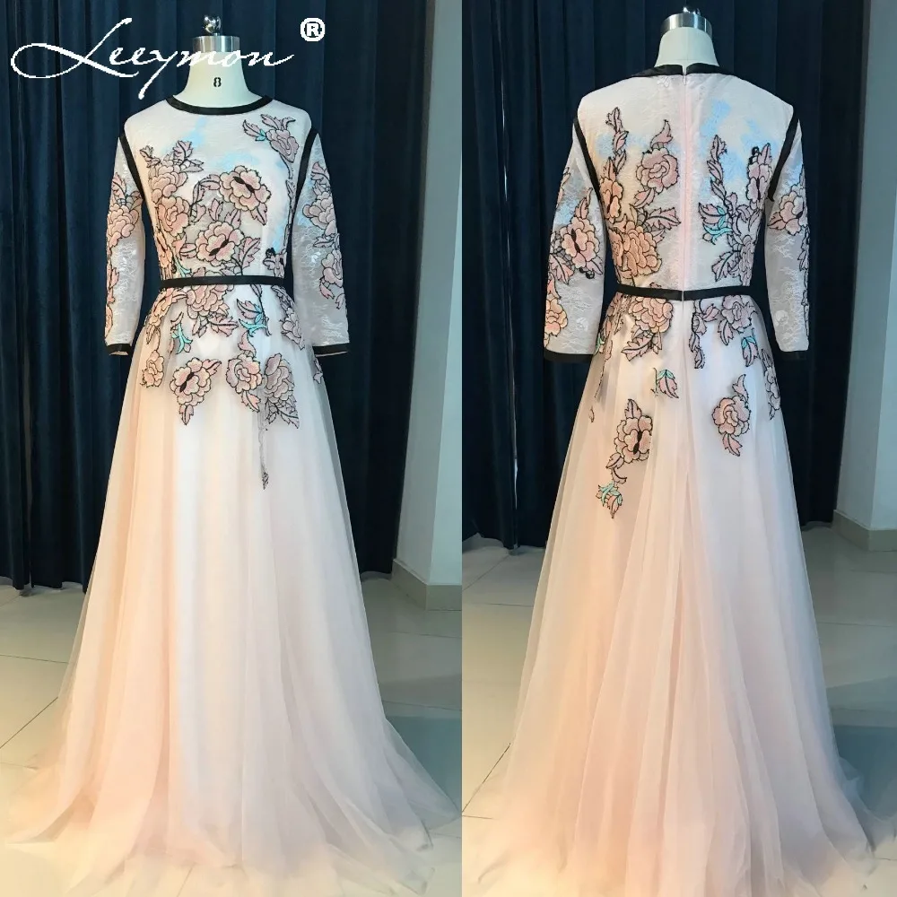 RE5 Embroidered Lace Tulle Gown 2019 Flesh Pink A Line Party Dress Long