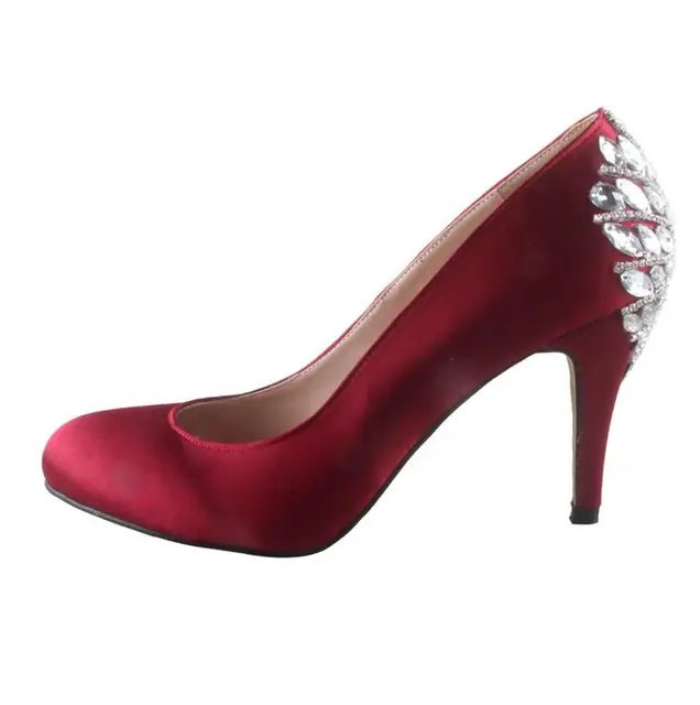 CHS691 Custom Made Wine Red Burgundy Crystal Women Shoes Dress Pumps