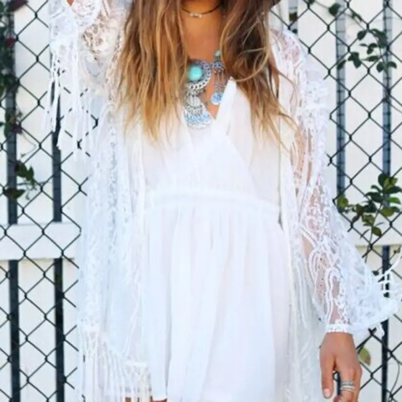 Women Beach Cover Up Boho Fringe Lace Kimono Cardigan Tassels Cape Tops