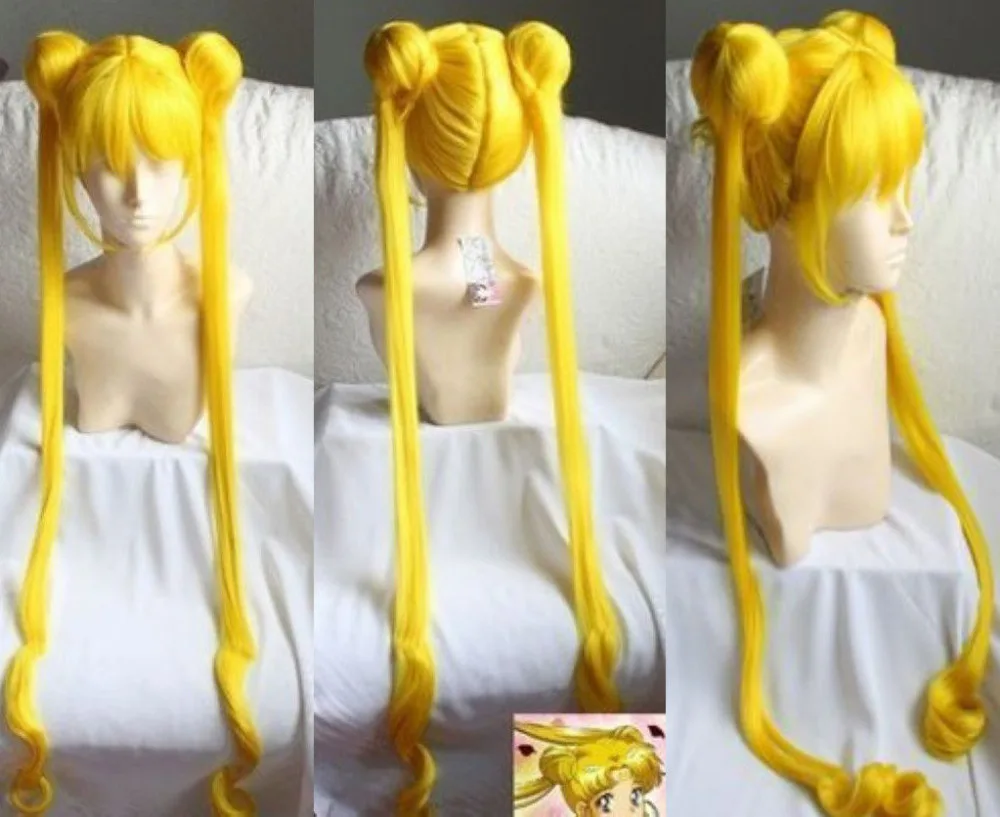 new 100cm Sailor Moon Usagi Wig Gold Yellow Cosplay Wigs + Wig Cap Jewelry Findings