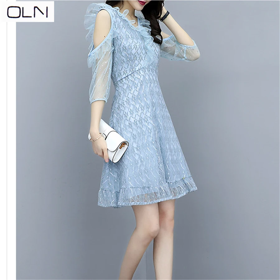 Платье OLN vestidos Новое поступление лето новая Корейская Высокая талия тонкий похудение рукава протекает плечо X-2XL кружевное платье женское