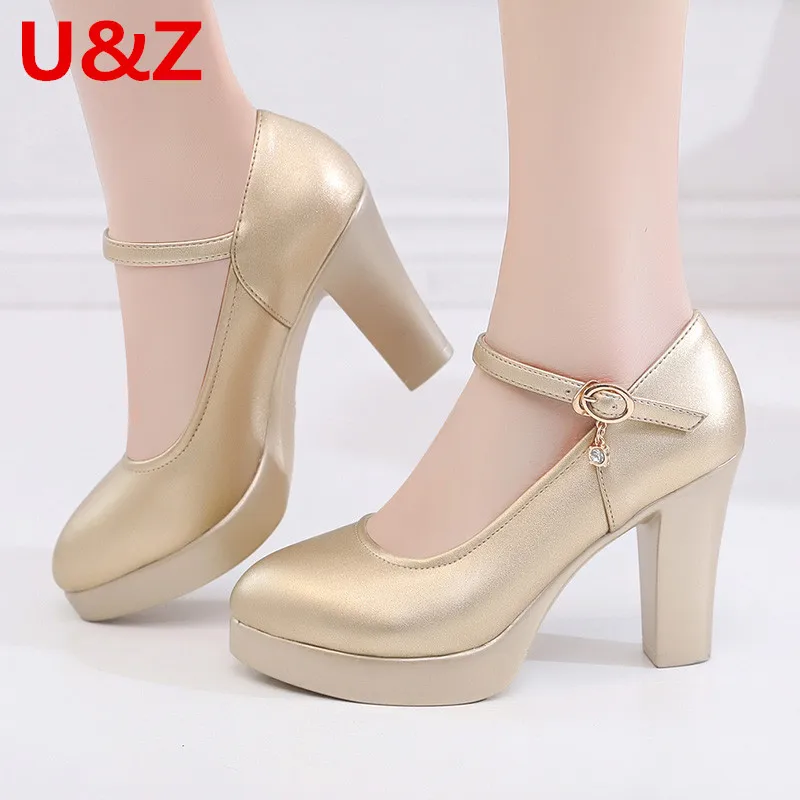 

BIG SIZE Spring gold leather women 5.5cm middle block heels thick platform waterproof block heels 8cm elegant wedding shoes
