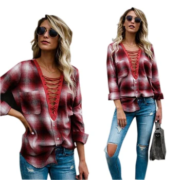 

Fashion Womens Lace Up Long Sleeve Plaid Shirt Fall Autumn Casual Blouse Loose Cotton Lace Tops Shirt
