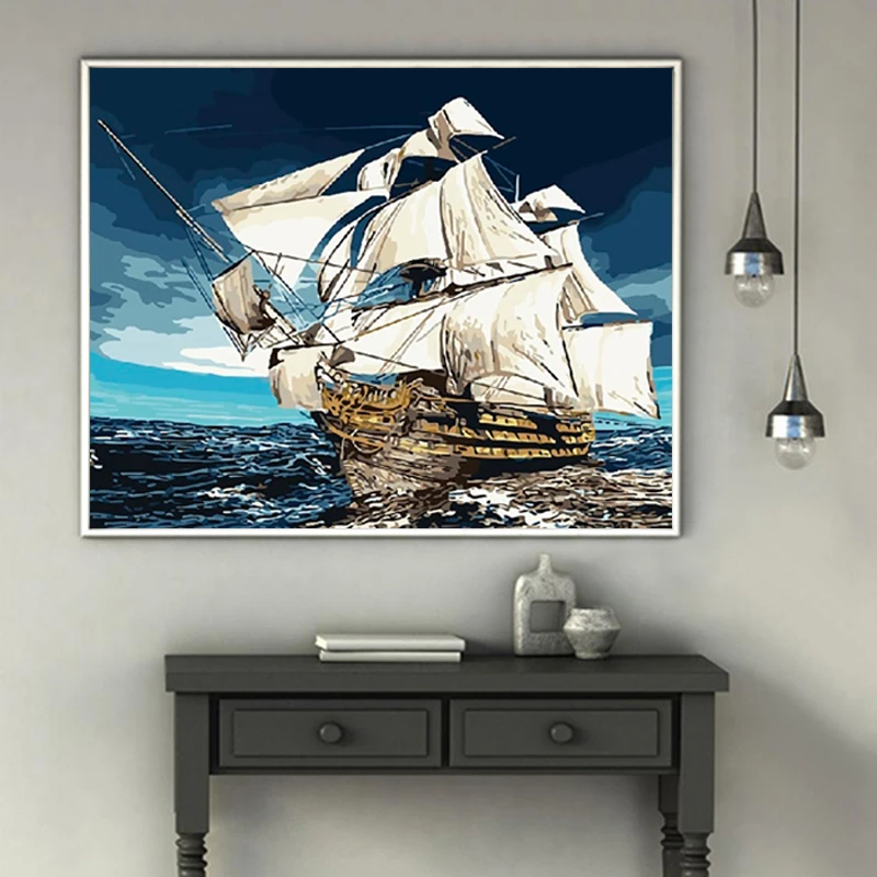 

DIY colorings pictures by numbers with colors Scenic boat sail boat picture drawing painting by numbers framed home