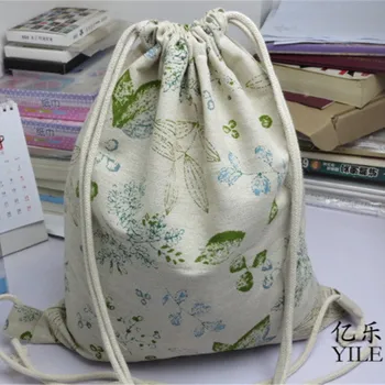 

YILE Cotton Linen Drawstring Travel Backpack Student Book Bag Print Green Leaf 824-4