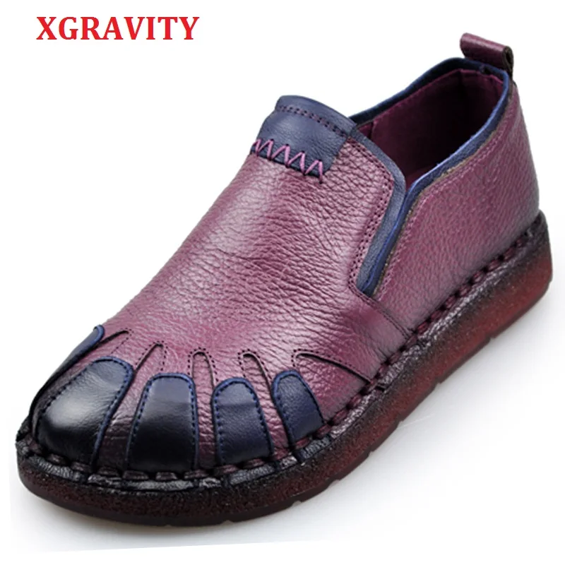 

XGRAVITY 2018 Dropshipping Ladies Retro Hand Made Cow Genuine Leather Casual Woman Fashion Flat Shoes Ethnic Lady Footwear A022