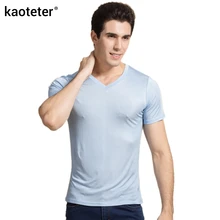 Натуральный шелк, мужские футболки, короткий рукав, v-образный вырез, черный, белый цвет, одноцветная Мужская футболка, свитер, Рубашки, Топы