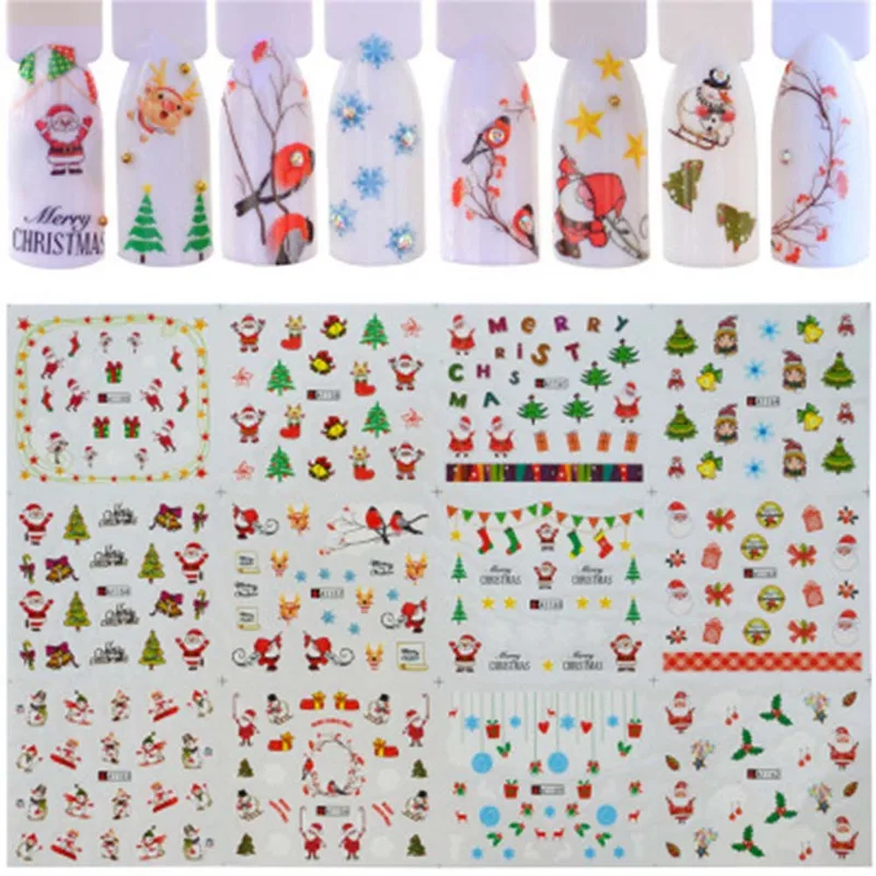 

12 Styles Nail Art Nail sticker New Year Slider Tattoo Christmas Water Decal Santa Claus Snowman Full Wraps Designs Decals