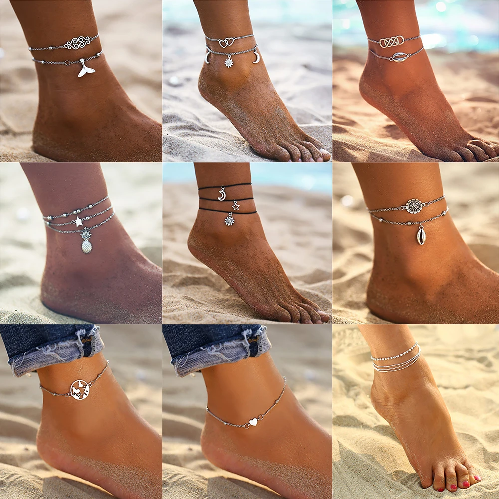 Bls-miracle-tobilleras de abalorios bohemios multicapa para mujer, pulsera de tobillo de cuerda de playa Vintage de varios estilos, joyería para pies de verano