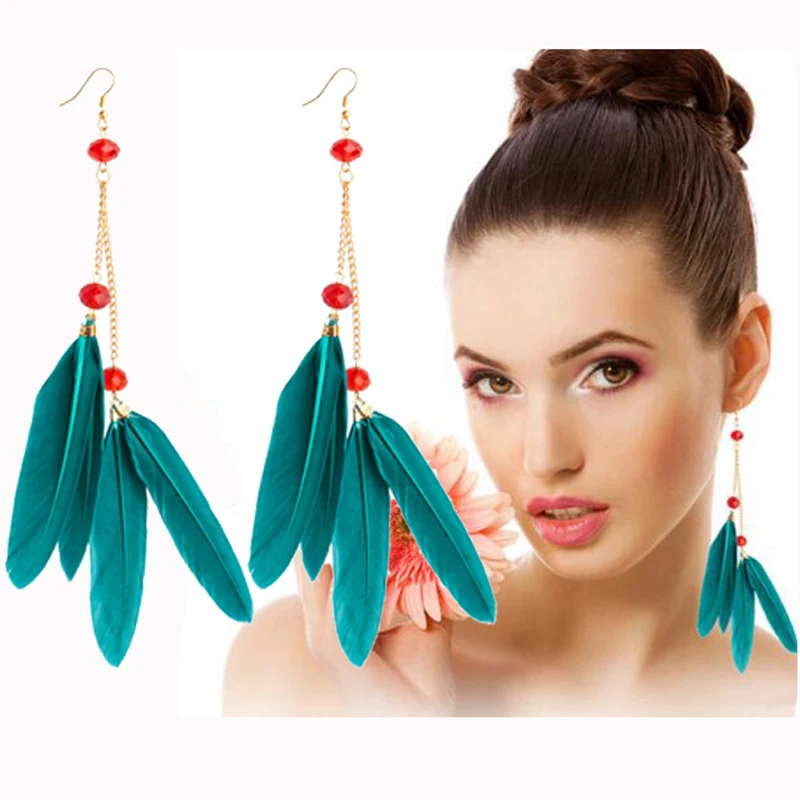1Pair Long Tassels Chain Red Beads Feather Earrings Cute Dangle Earring For Women Girl Summer