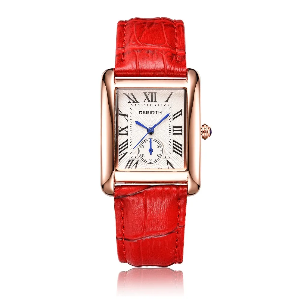 

Rectangle Luxury Brand Women's Fashion Watches REBIRTH Elegant Retro Leather Quartz-watch with Blue pointer Woman Dress Clock