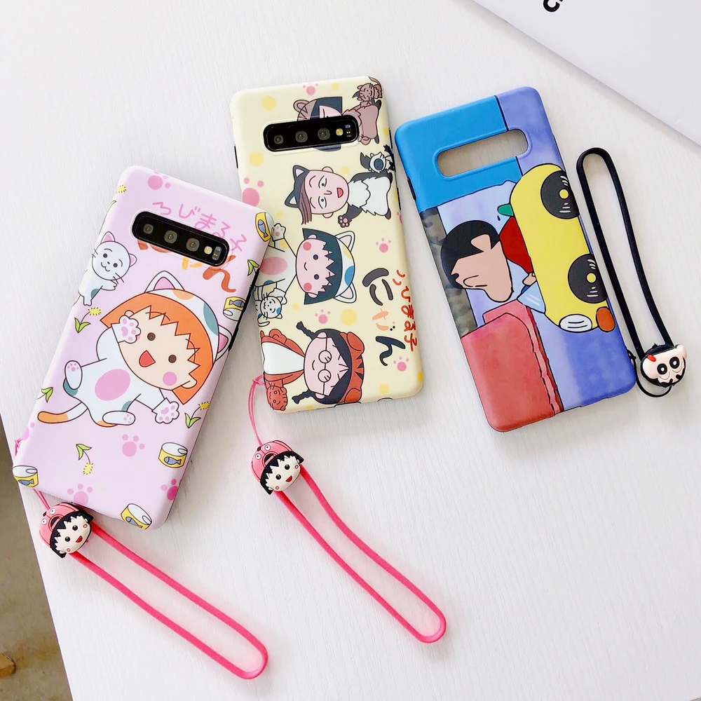 

Cartoon S10 Plus Crayon Case Cherry pellets Soft Back Phone Cases for Samsung Galaxy S9 plus S8 Note8 note 9 Cute Cover + Strap