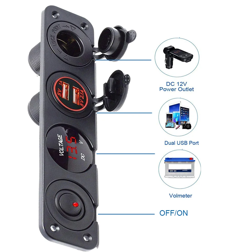 

4 Hole Toggle Switch Panel USB Charge Port 2.1A&1A+ LED Cigarette Lighter Socket 12V ~24V Switch Panel for Car Boat Motorcycle