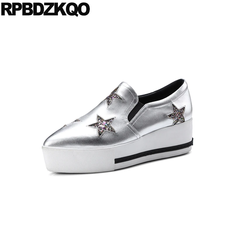 

Sneakers Women Genuine Leather Elastic Wedge Grey Star Muffin Designer Creepers Pointed Toe Brand Elevator Autumn Spring Bling