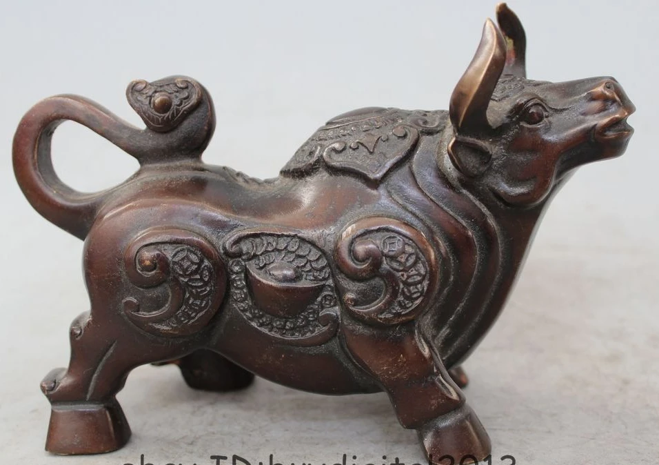 

7" Chinese Bronze animal money Fengshui Zodiac Year Bull Oxen sculpture Statue
