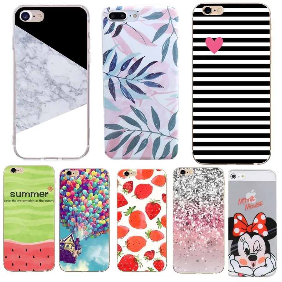 

Case For iPhone 7 Floral Phone Cases Soft Silicon Marble Colors Leaves Print Cover Coque For iPhone 5 5S SE 6 6s 7 8 Plus Cases