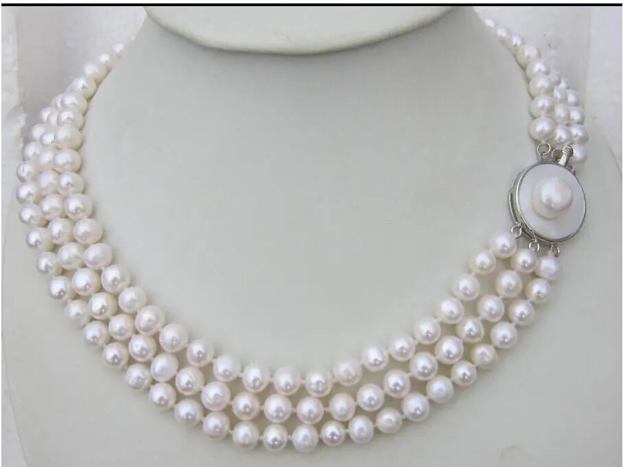 

3 rowTriple strands Real south sea WHITE pearl necklace 18 inch t