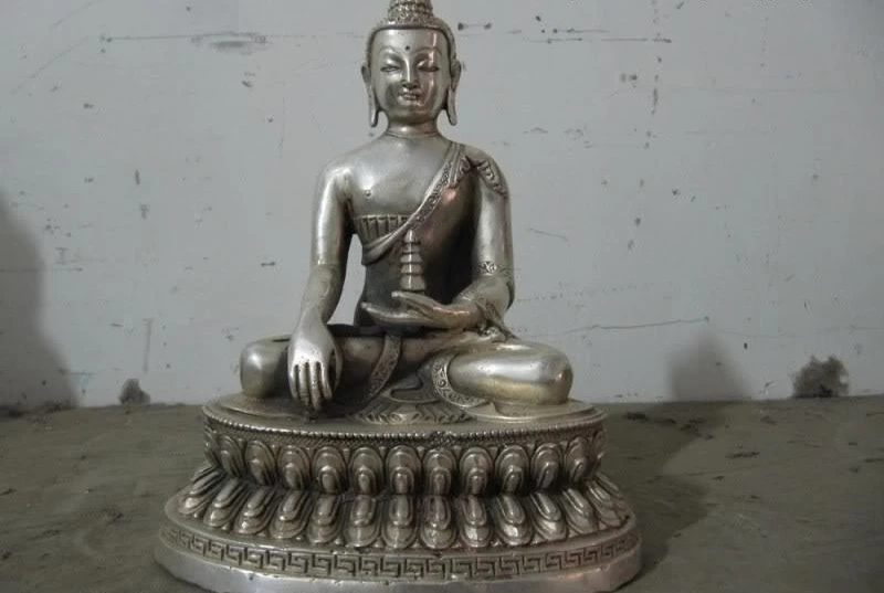 

Tibet Buddhist White Bronze Silver Amitayus Sakyamuni Hold pagoda Buddha Statue