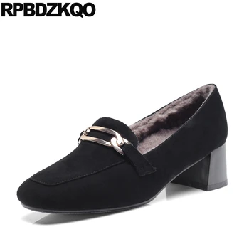 

black square toe block suede genuine leather runway fur fashion brand women shoes 2019 medium heels china size 4 34 chunky metal