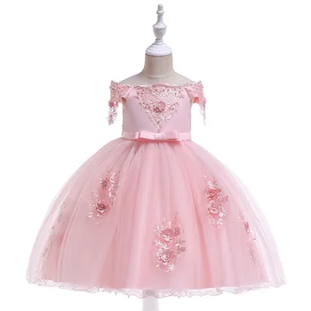 

2019 Summer Embroidery Wedding Birthday Tutu Party Princess Dress Floral Shoulderless Dresses For Girls Children Clothes