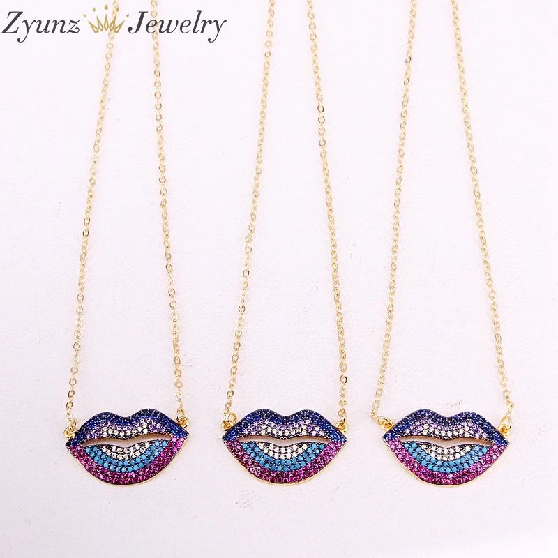 

5 Strands ZYZ326-9685 Colorful CZ lip charm/pendant necklace, micro paved, Cubic Zirconia CZ pendant, jewelry craft supplies