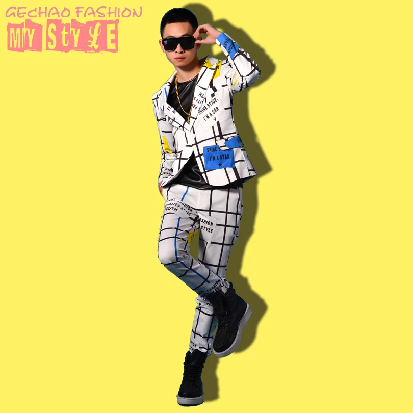 

M-XXL New 2019 bar GD hairstylist personality lattice suits sets stage singer DJDS stage costumes men's clothing