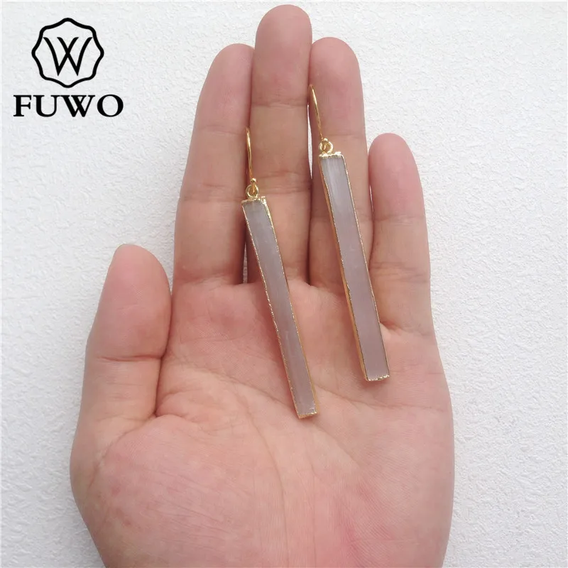 FUWO Wholesale Natural Selenite Earrings,Golden Plated Raw Crystal Blade Dangle Earring Jewelry For Women 5Pairs/Lot ER024