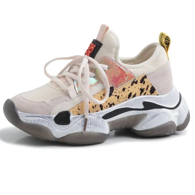 Весенний стиль круглый носок черный бежевый Коренастый кроссовки папа обувь из натуральной кожи Для женщин вулкани - Цвет: Бежевый