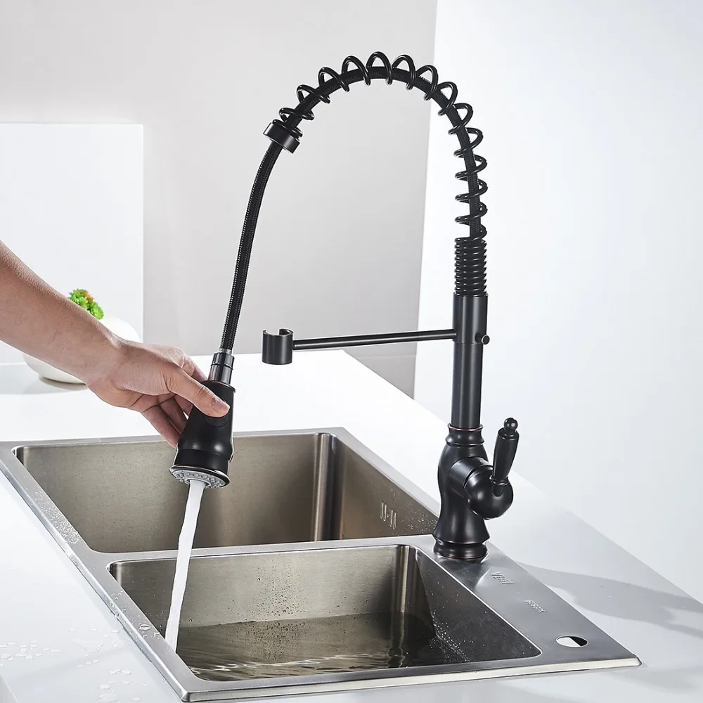 FLG Spring Style Oil Rubbed Bronze Kitchen Faucets Grifo Pull Out 360 Degree Rotating Deck Mounted Cold And Hot Kran Water C003O