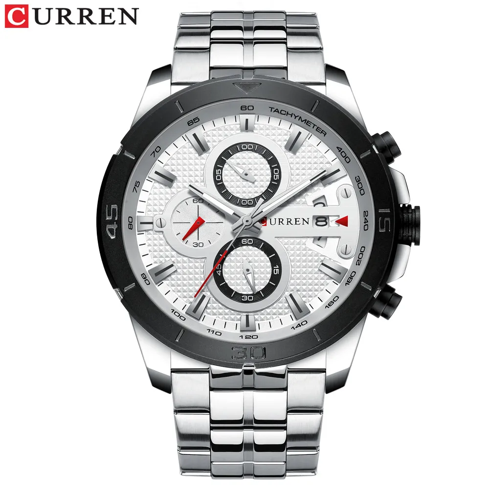 silver white watch CURREN Бизнес Мужской роскошный бренд часов нержавеющая сталь наручные часы хронограф армейские военные кварцевые часы Relogio Masculino - Цвет: silver white watch