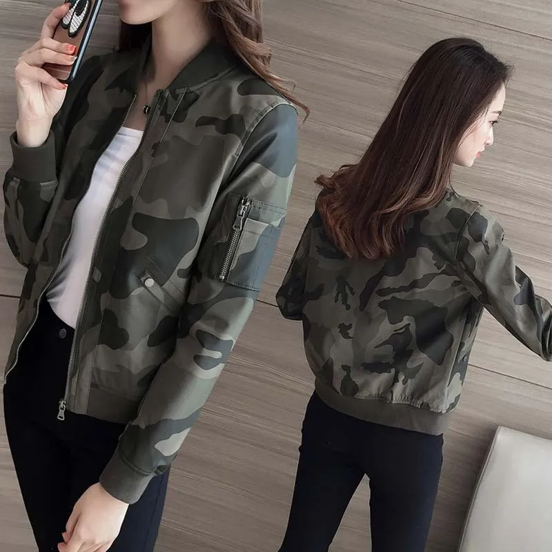 

New Spring Korean Style Female Short Slim Camouflage Leather Motorcycle Jacket Collar Washing Pu Camo Baseball Jacket
