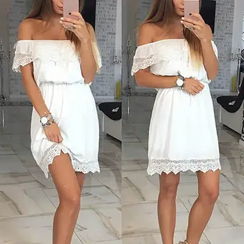 

New Summer Party Women Off Shoulder Lace Splice Ruffled Solid Color Midi Dress
