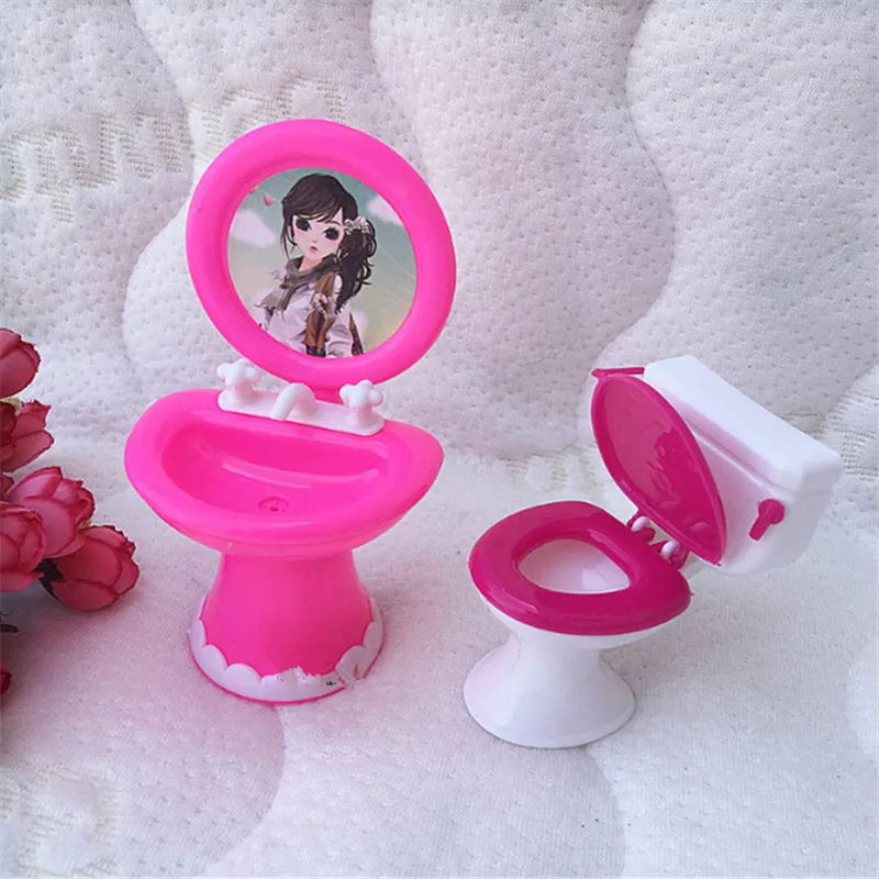 2pcs Bathroom Furniture Doll Accessories Plastic Wash Basin Toilet Set