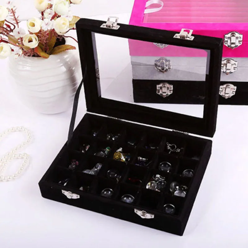 24cells Velvet Glass Jewelry Box Earring Ring Display Organizer Boxes Tray Holder Storage Case Balck Rose Red Blue Gray Coffee (2)