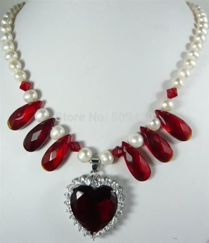 

Free Shipping >>Lovely! 7-8mm White Akoya Cultured Pearl &Red Crystal Necklace