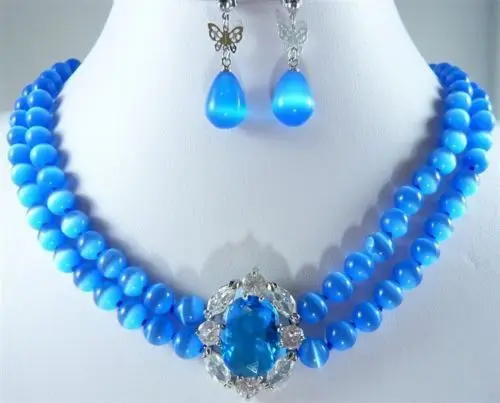 

free shipping>>> Charming Lady'S 2 Rows 8mm Blue Jade Necklace Pendant Earrings Set NEW