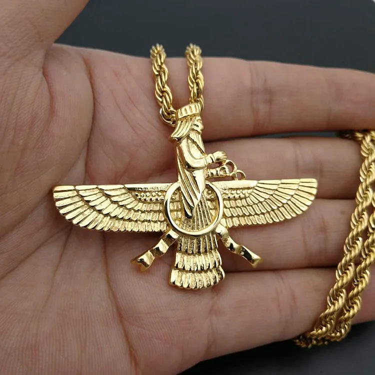 Хип хоп проложили Faravahar Ahura Mazda Zoroastrian кулон ожерелье золотой цвет 316L нержавеющая