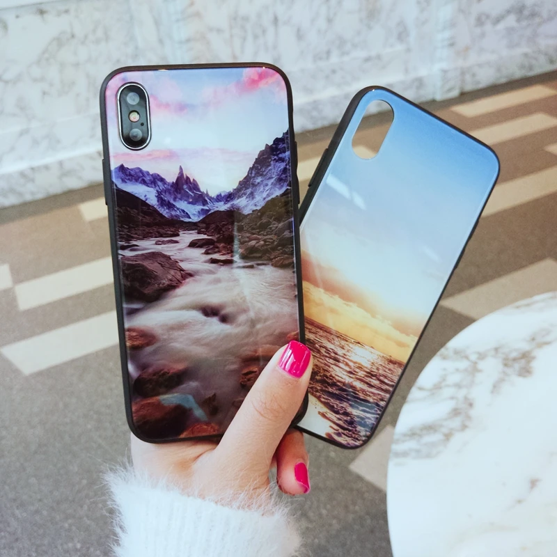 Kerzzil Mountain River Star Sky Tempered Glass Case For iPhone X 10 Scenery Cover Cases 6s 7 8 Plus Soft TPU Back |