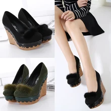 Plus Size Women Shoes 2017 Spring Nubuck Leather Wedges Shoes Pumps for Women Round Toe Heels Platform Ladies Shoes Black /Green