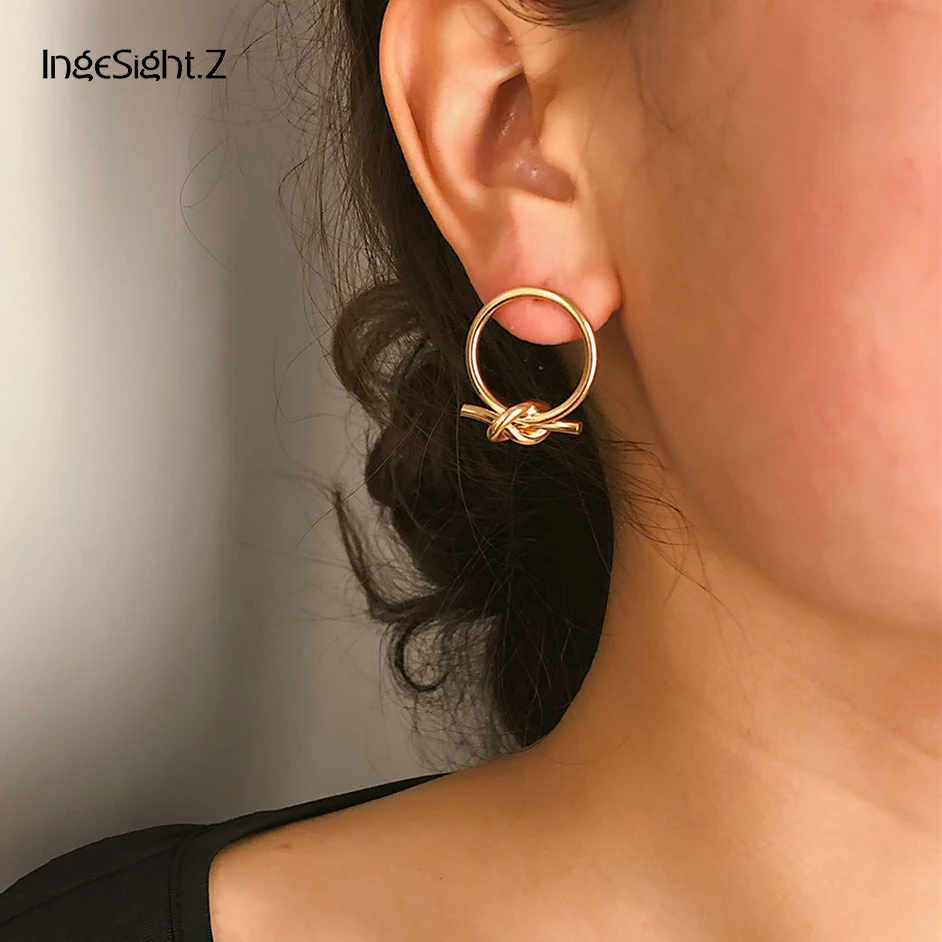 

IngeSight.Z Simple Minimalist Gold Color Love Knot Earrings Statement Geometric Round Circle Copper Earrings for Women Jewelry
