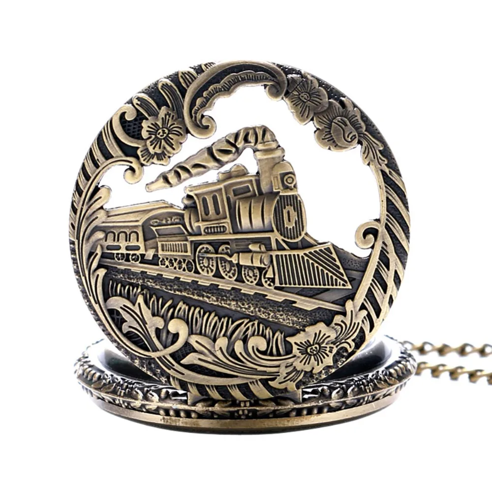 Retro Silver Charming Gold Train Carved Openable Hollow Steampunk Quartz Pocket Watch Men Women Pendant Clock 3