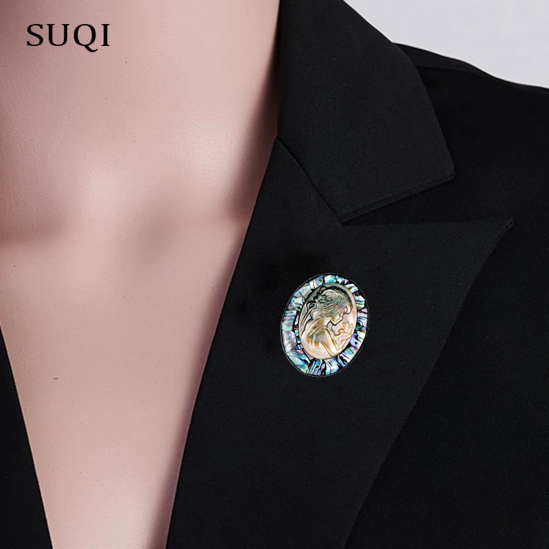 

SUQI 2019 Vintage Shell oval cameo lapel dress Brooch pins girl head portrait brooches Pins for Women's Jewelry accessories